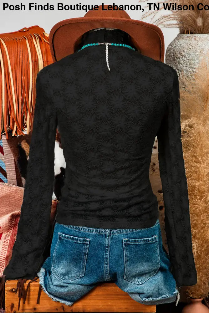 Floral Lace High Neck Long Sleeve Top: Black - Posh Finds