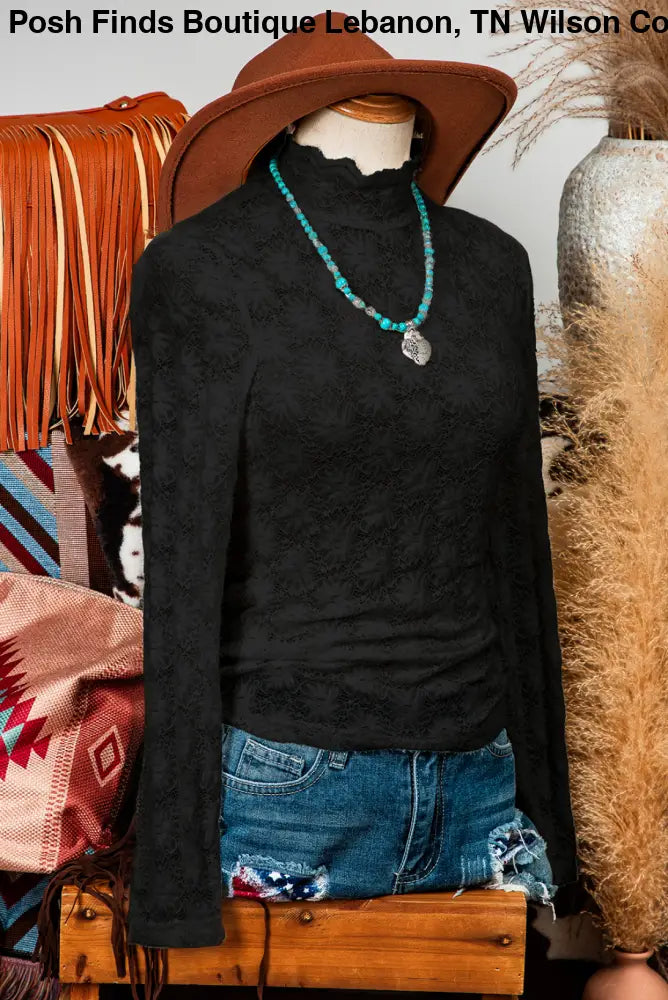 Floral Lace High Neck Long Sleeve Top: Black - Posh Finds