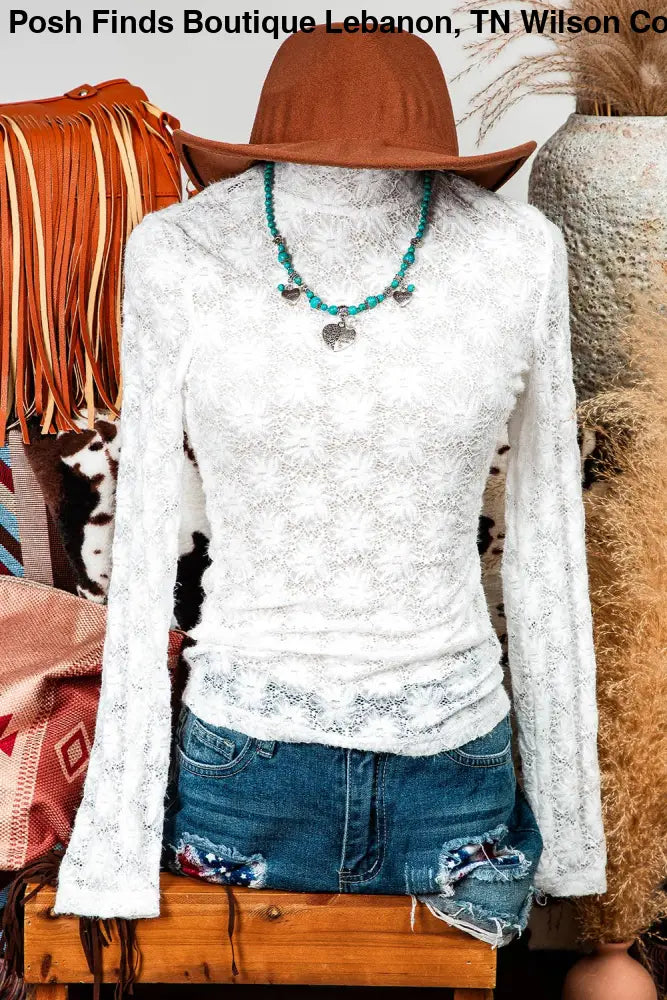 Floral Lace High Neck Long Sleeve Top: White - Posh Finds