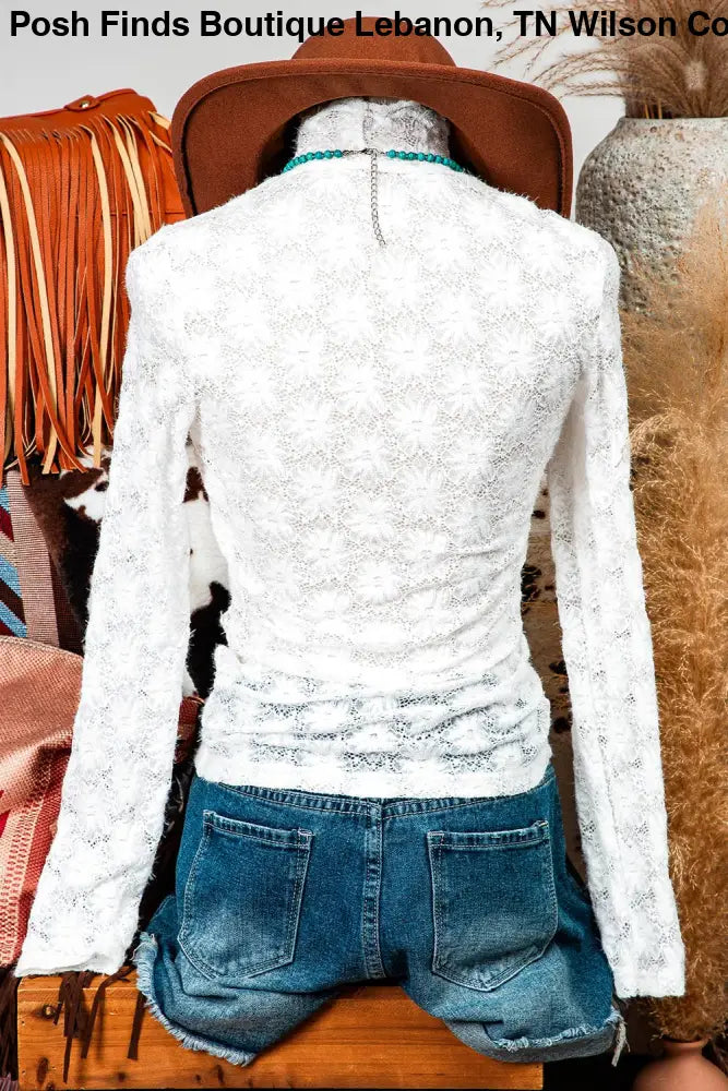 Floral Lace High Neck Long Sleeve Top: White - Posh Finds