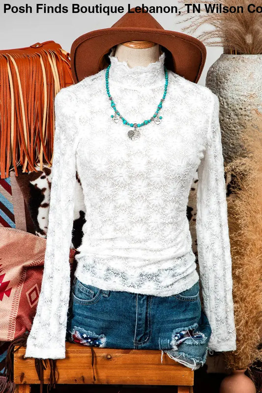 Floral Lace High Neck Long Sleeve Top: White - Posh Finds
