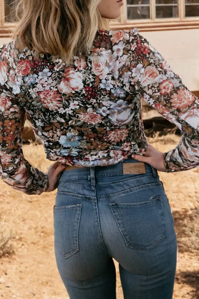 Floral Long Sleeve High Neck Sheath Mesh Blouse: Brown - Posh Finds