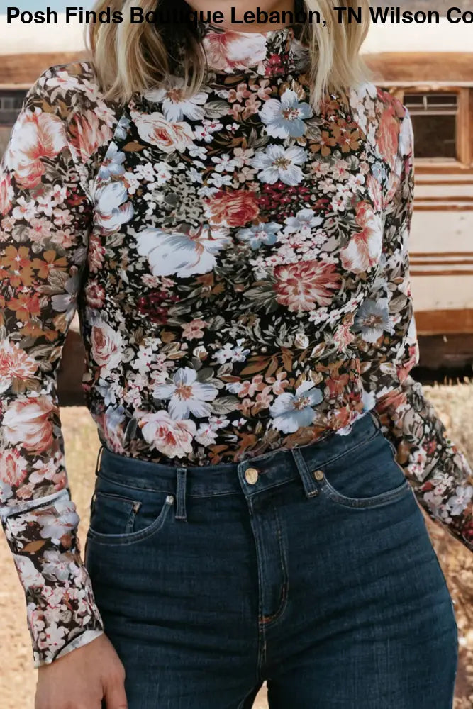 Floral Long Sleeve High Neck Sheath Mesh Blouse: Brown - Posh Finds