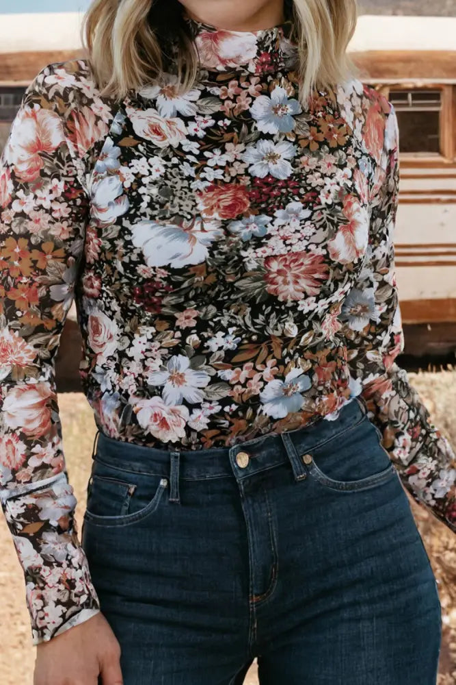 Floral Long Sleeve High Neck Sheath Mesh Blouse: Brown - Posh Finds