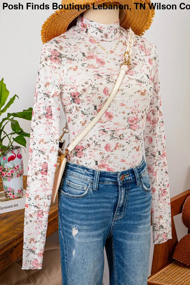 Floral Long Sleeve High Neck Sheath Mesh Blouse Cream - Posh Finds