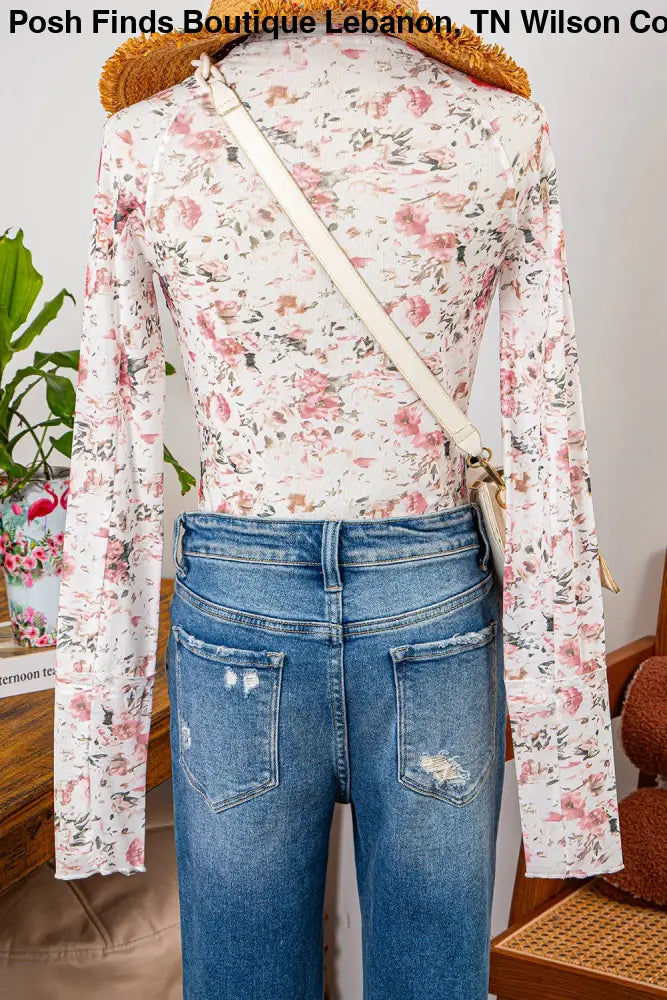 Floral Long Sleeve High Neck Sheath Mesh Blouse Cream - Posh Finds