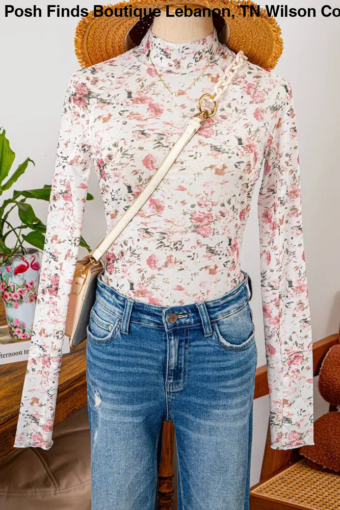 Floral Long Sleeve High Neck Sheath Mesh Blouse Cream - Posh Finds