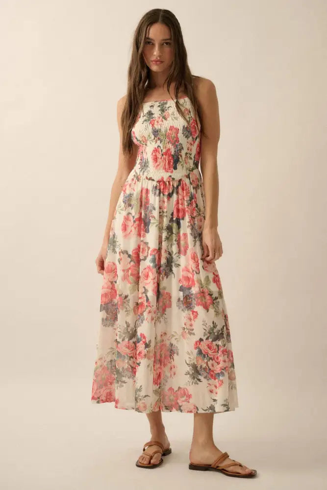Floral Mesh Smocked-Bodice Cami Maxi Dress: Cream / S - Posh Finds