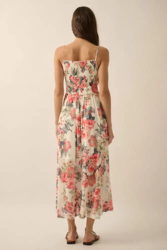 Floral Mesh Smocked-Bodice Cami Maxi Dress: Cream / S - Posh Finds