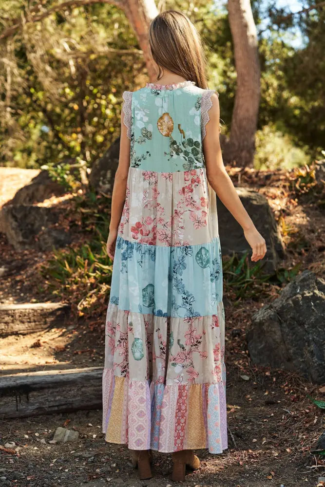 FLORAL MIXED BLOCK LACE EDGE DETAIL MAXI DRESS - Posh Finds