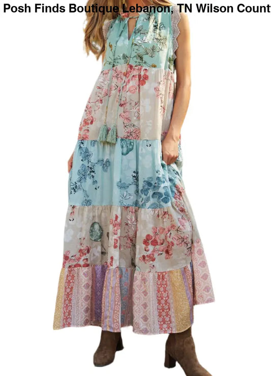 FLORAL MIXED BLOCK LACE EDGE DETAIL MAXI DRESS - Posh Finds