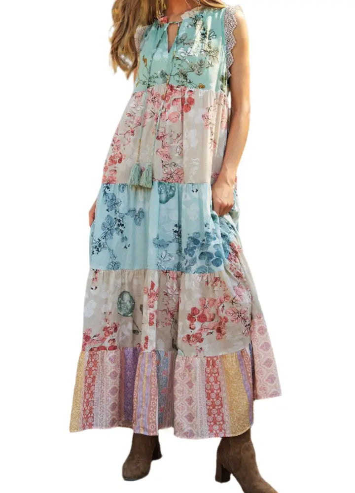 FLORAL MIXED BLOCK LACE EDGE DETAIL MAXI DRESS - Posh Finds