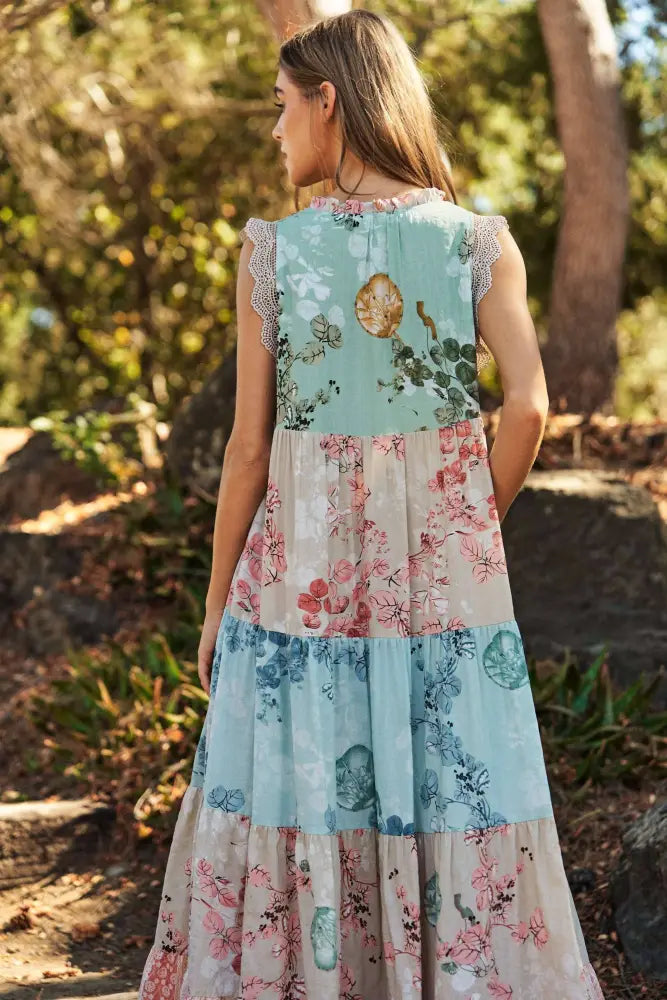FLORAL MIXED BLOCK LACE EDGE DETAIL MAXI DRESS - Posh Finds
