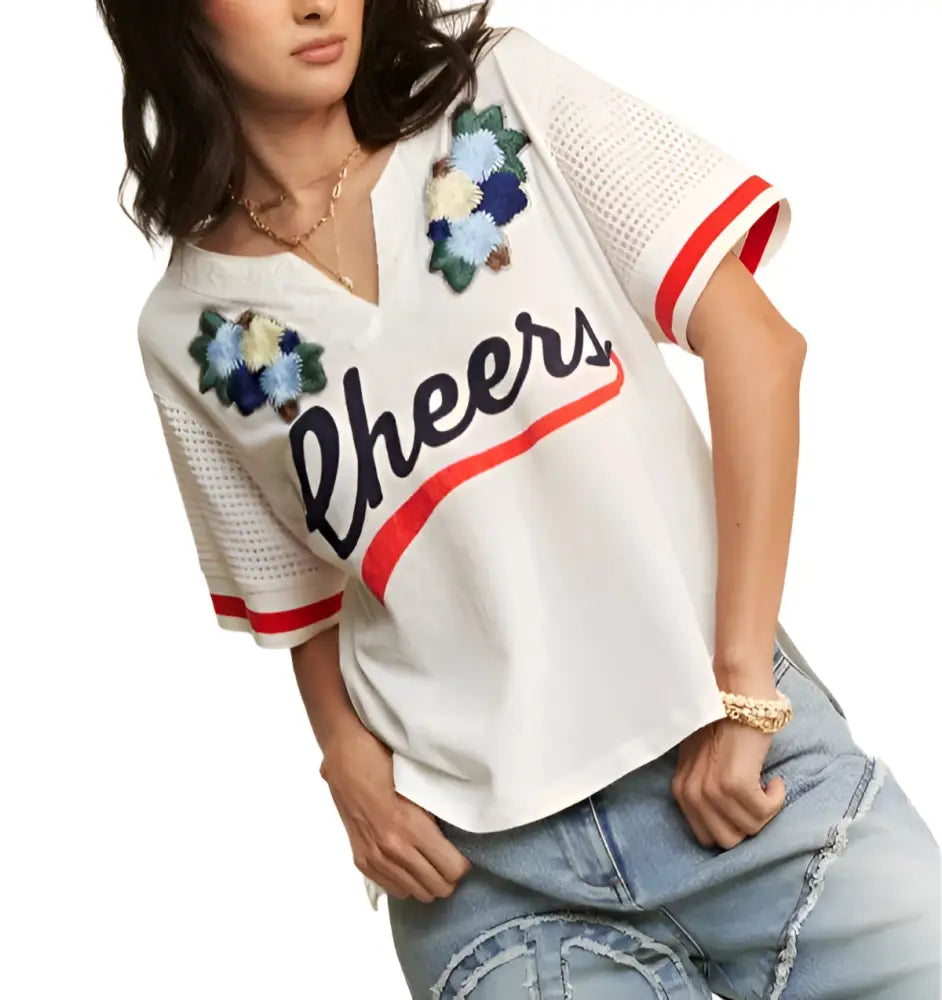 FLORAL PATCH AND LACE SHORT SLEEVE T-SHIRT TOP - Posh Finds