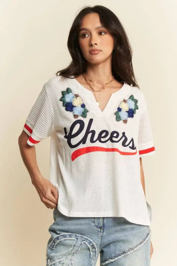 FLORAL PATCH AND LACE SHORT SLEEVE T-SHIRT TOP - Posh Finds
