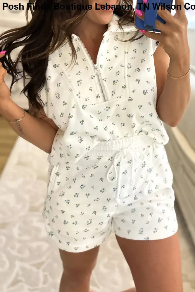 Spring 2026 Floral Print Half Zip Matching Short Set: White / S