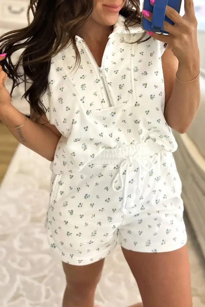 Spring 2026 Floral Print Half Zip Matching Short Set: White / S