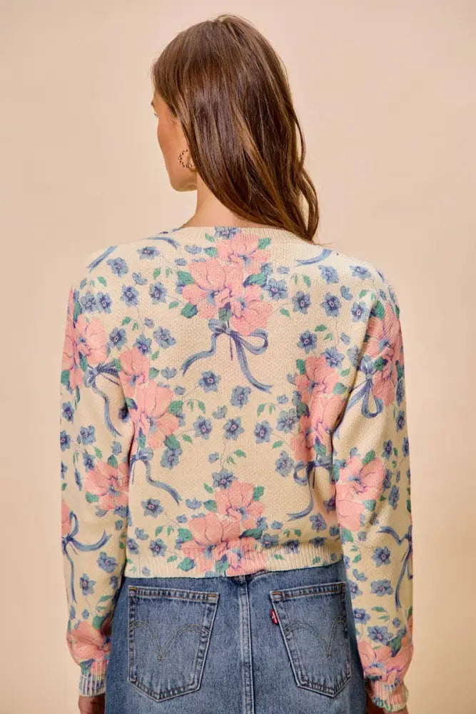 Floral Print Long Sleeves Sweater Knit Top: PETAL PINK - Posh Finds