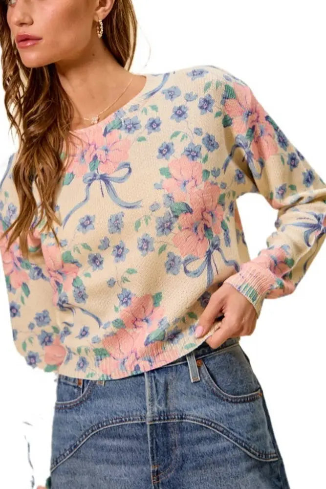 Floral Print Long Sleeves Sweater Knit Top: PETAL PINK - Posh Finds