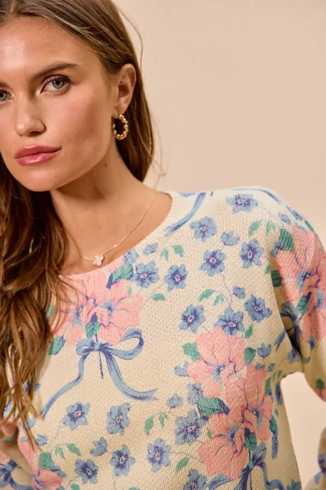 Floral Print Long Sleeves Sweater Knit Top: PETAL PINK - Posh Finds