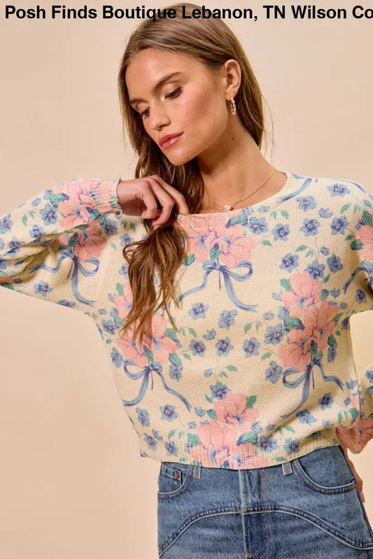 Floral Print Long Sleeves Sweater Knit Top: PETAL PINK - Posh Finds