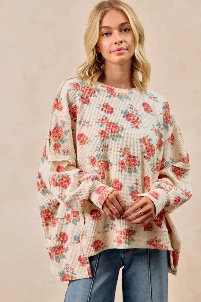 Floral Print Oversized Waffle Thermal Sweatshirt: OATMEAL - Posh Finds