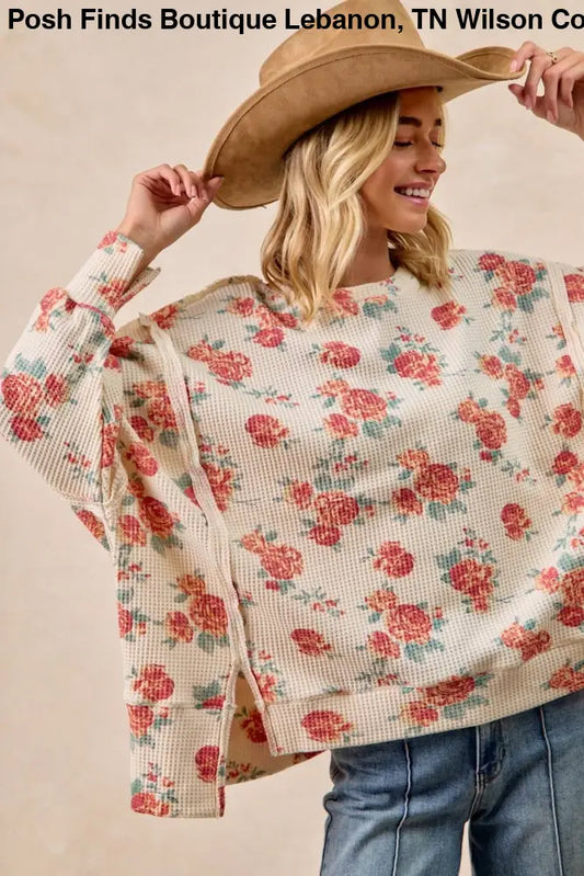 Floral Print Oversized Waffle Thermal Sweatshirt: OATMEAL - Posh Finds