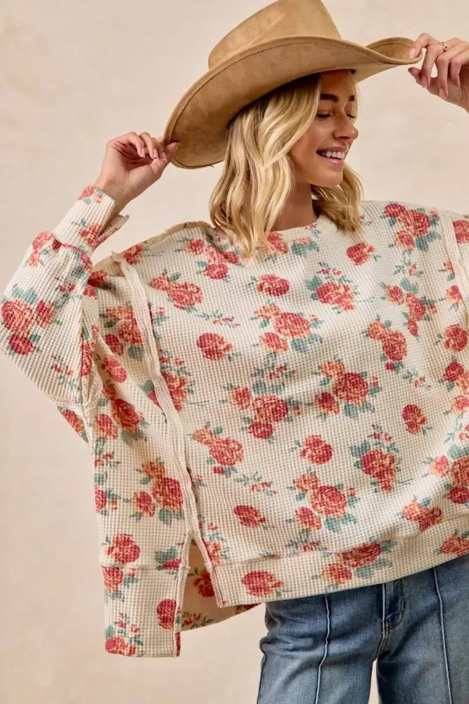 Floral Print Oversized Waffle Thermal Sweatshirt: OATMEAL - Posh Finds