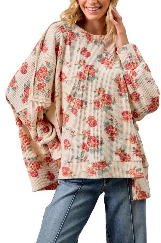 Floral Print Oversized Waffle Thermal Sweatshirt: OATMEAL - Posh Finds