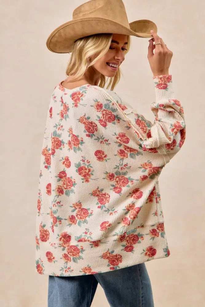 Floral Print Oversized Waffle Thermal Sweatshirt: OATMEAL - Posh Finds
