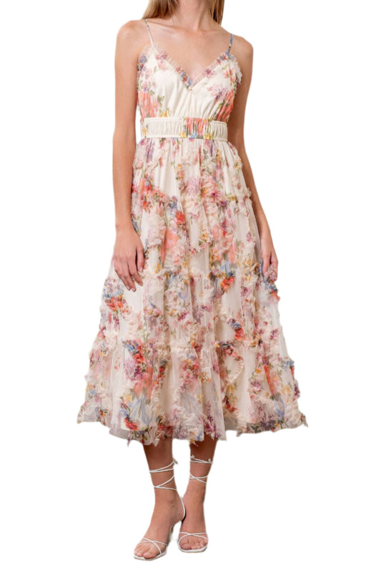 FLORAL PRINT RUFFLE DETAIL SLEEVELESS MAXI DRESS: CREAM - Posh Finds