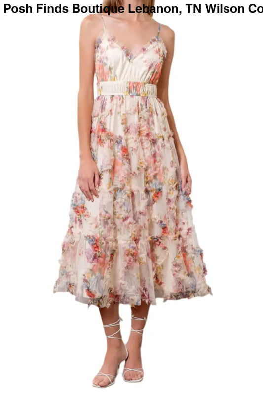 FLORAL PRINT RUFFLE DETAIL SLEEVELESS MAXI DRESS: CREAM - Posh Finds