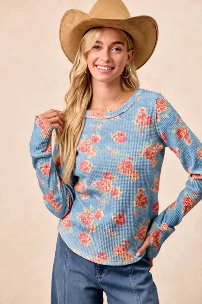 Floral Print Washed Waffle Thermal Top: DENIM - Posh Finds