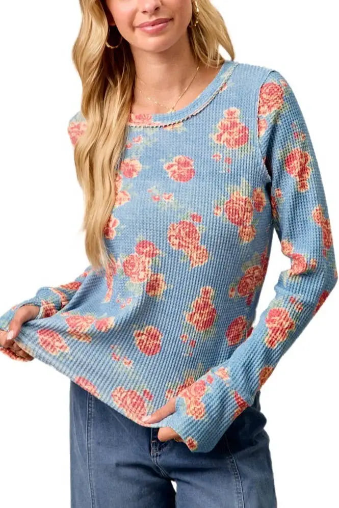 Floral Print Washed Waffle Thermal Top: DENIM - Posh Finds