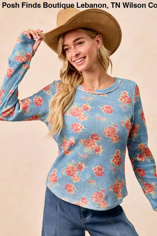 Floral Print Washed Waffle Thermal Top: DENIM - Posh Finds