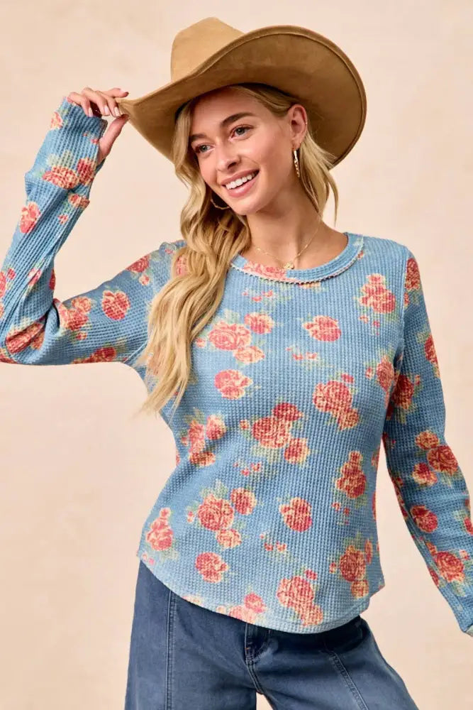 Floral Print Washed Waffle Thermal Top: DENIM - Posh Finds
