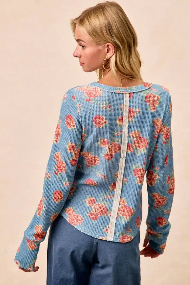 Floral Print Washed Waffle Thermal Top: DENIM - Posh Finds