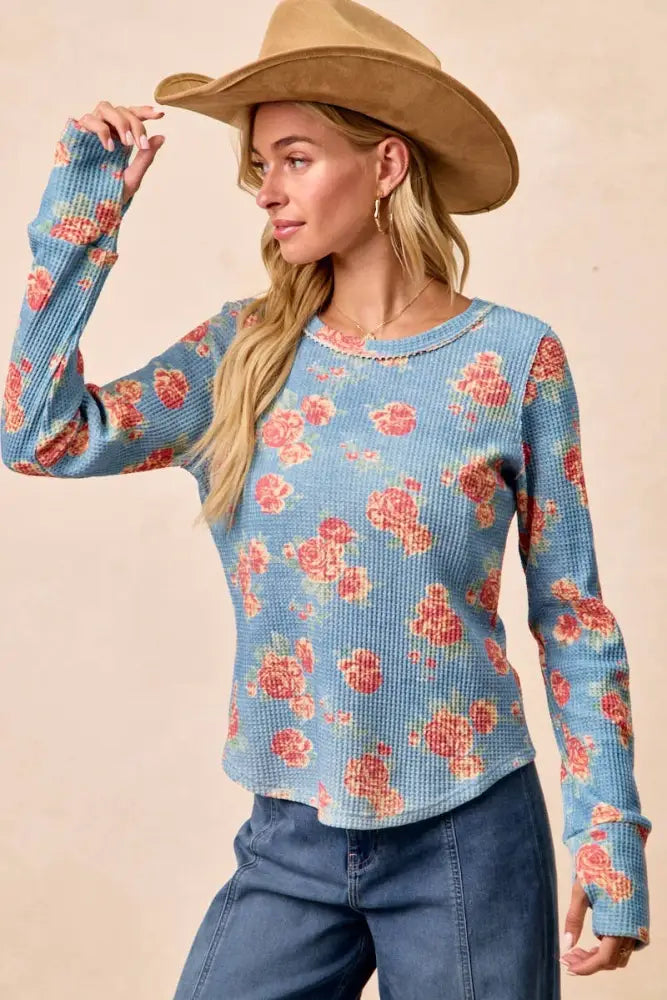Floral Print Washed Waffle Thermal Top: DENIM - Posh Finds