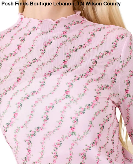 Floral Printed Mesh Top With Long Sleeves Pink or Light Blue - Posh Finds