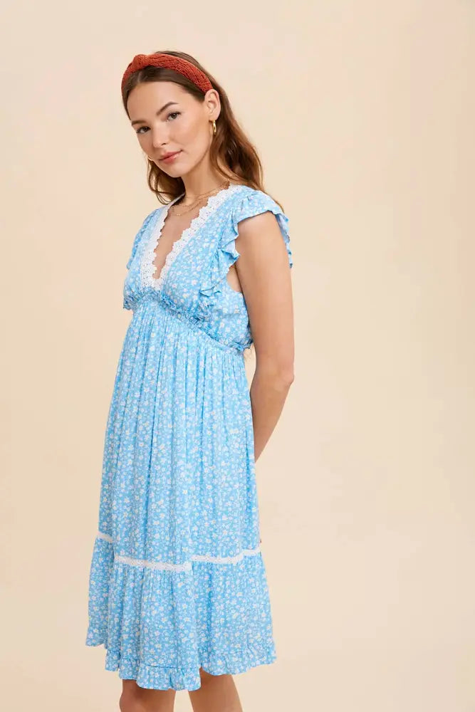 FLORAL RUFFLED LACE TRIM DRESS: CORNFLOWER - Posh Finds