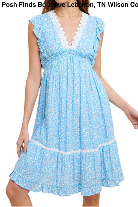 FLORAL RUFFLED LACE TRIM DRESS: CORNFLOWER - Posh Finds