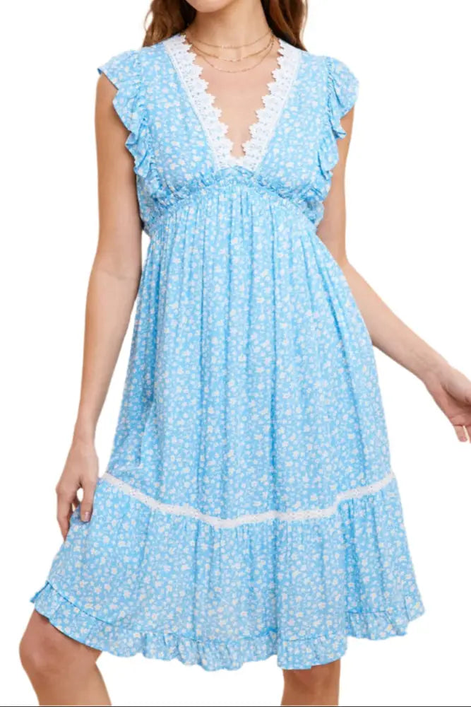 FLORAL RUFFLED LACE TRIM DRESS: CORNFLOWER - Posh Finds