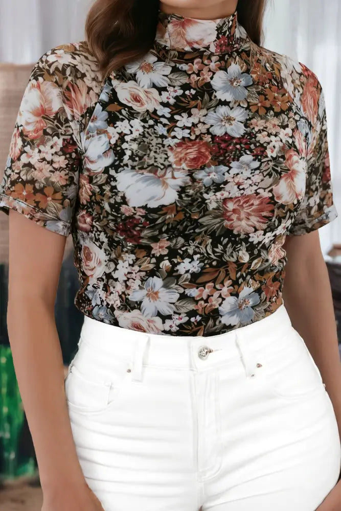 Floral Short Sleeve Mock Neck Sheath Mesh Blouse - Top