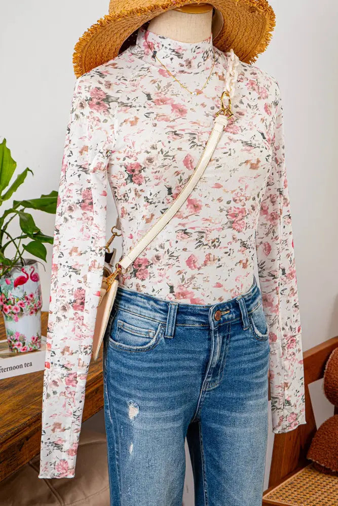 Floral Short Sleeve Mock Neck Sheath Mesh Blouse - Top