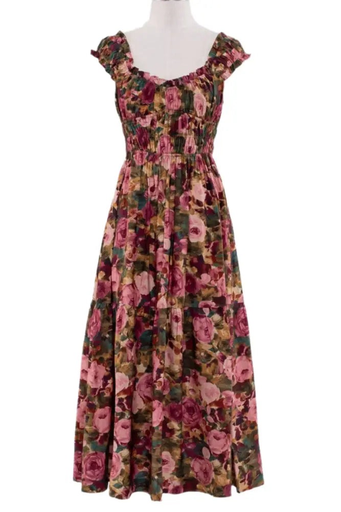FLORAL SHORT SLEEVE SHIRRED SMOCK MIDI DRESS: OLIVE - Posh Finds