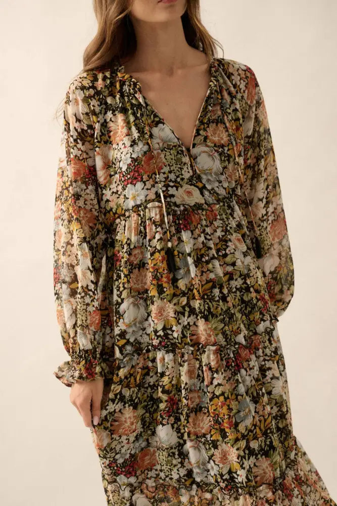 Floral V-Neck Chiffon Midi Dress: Black / S - Posh Finds