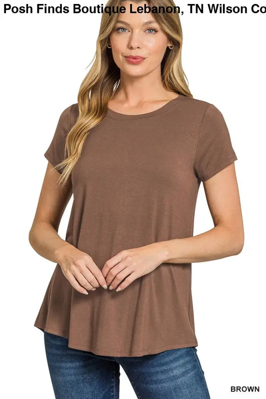 Flowy Round Hem Rayon Short Sleeve Top: BROWN - Posh Finds