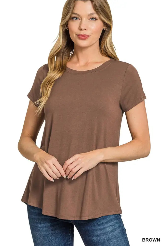 Flowy Round Hem Rayon Short Sleeve Top: BROWN - Posh Finds