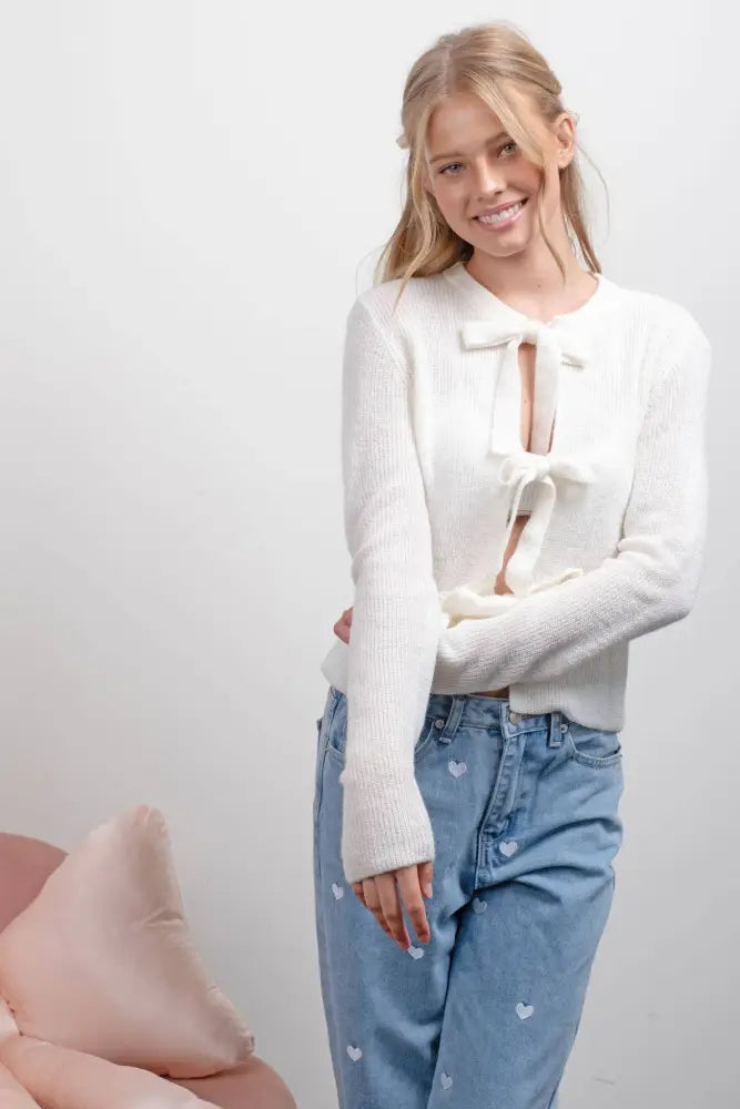 FRONT BOW DETAIL KNIT CARDIGAN: CREAM - Posh Finds