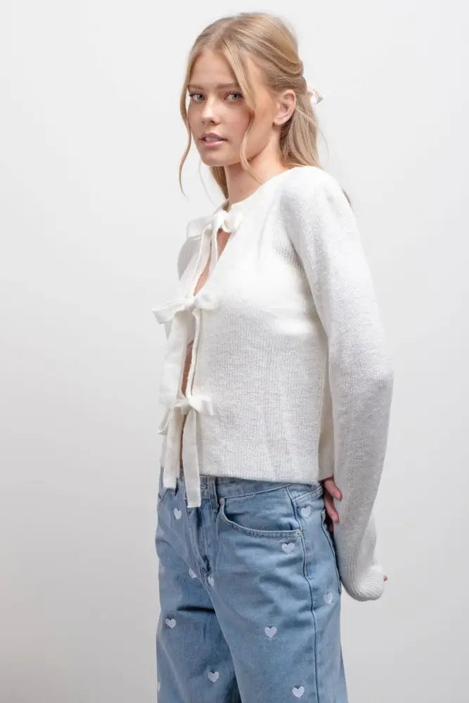 FRONT BOW DETAIL KNIT CARDIGAN: CREAM - Posh Finds